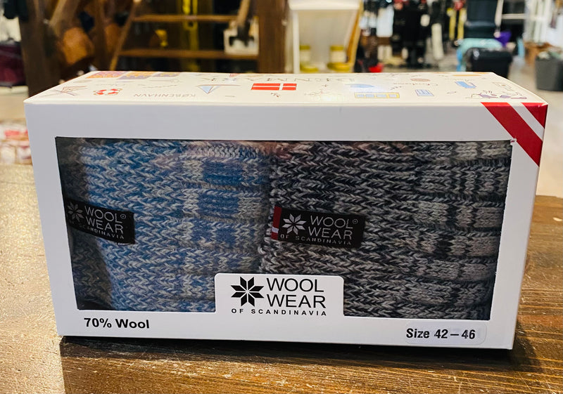 Wool Wear 70% uld ragsokker - gaveæske - str. 42/46 - airforce blue/råhvid+navy/råhvid